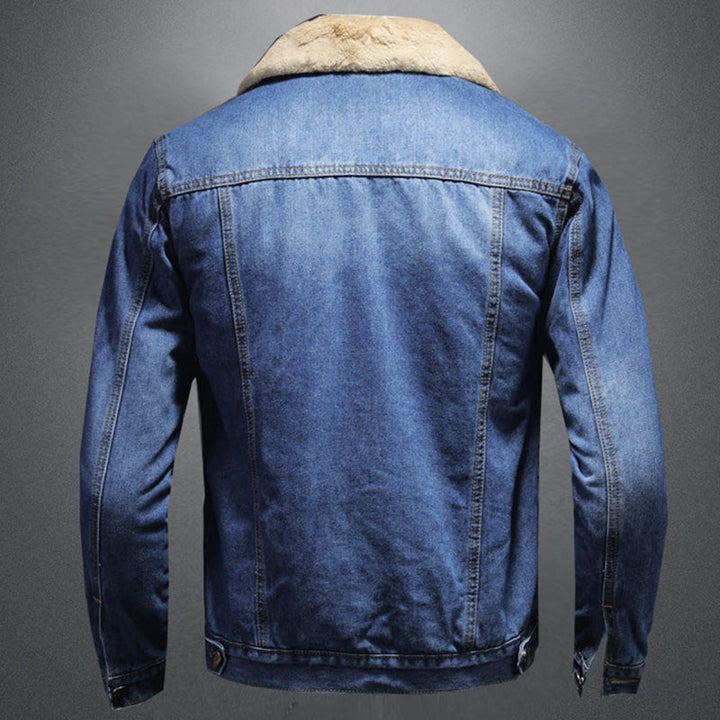 Men's blue denim-style jacket with sherpa collar, long sleeves and button front