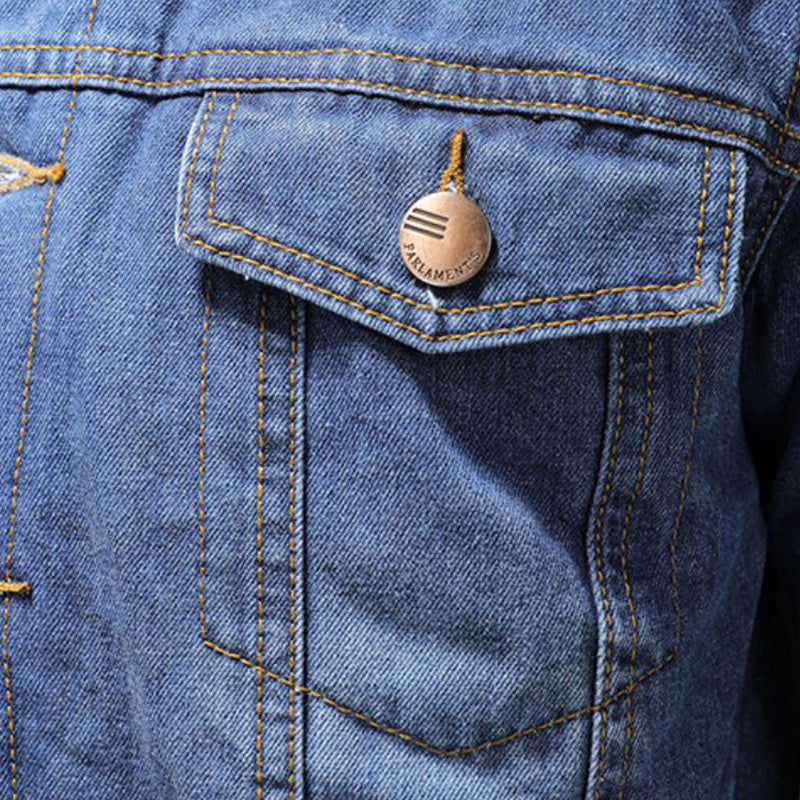Men's blue denim-style jacket with sherpa collar, long sleeves and button front