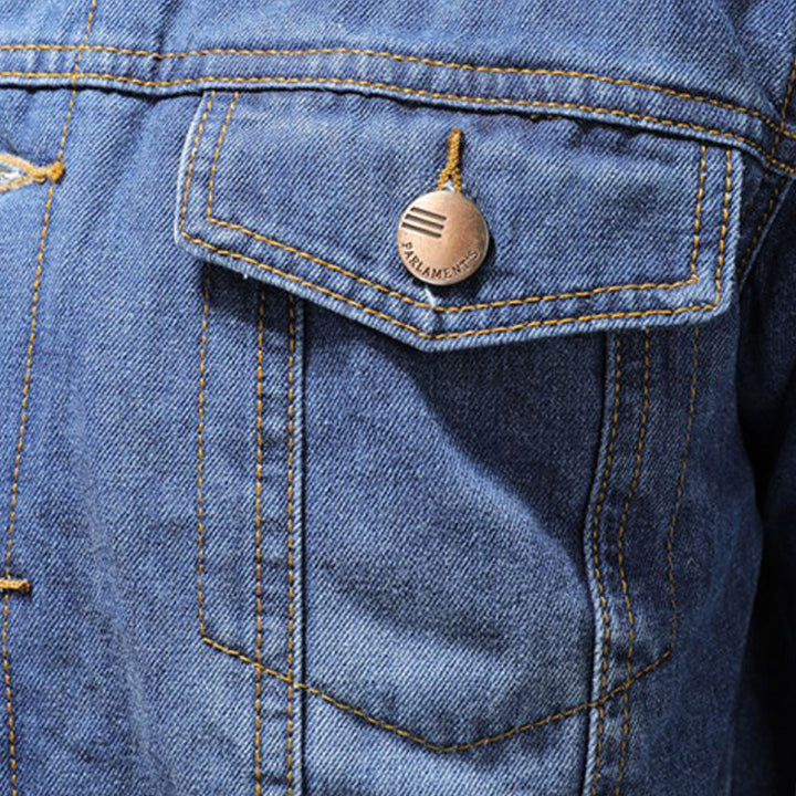Men's blue denim-style jacket with sherpa collar, long sleeves and button front
