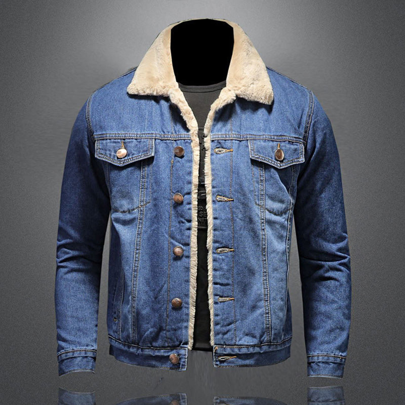 Men's blue denim-style jacket with sherpa collar, long sleeves and button front