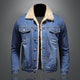 Men's blue denim-style jacket with sherpa collar, long sleeves and button front