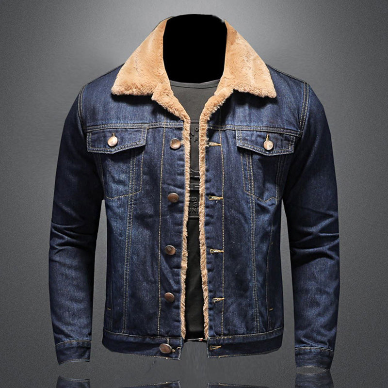 Men's blue denim-style jacket with sherpa collar, long sleeves and button front