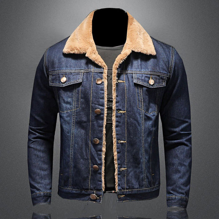 Men's blue denim-style jacket with sherpa collar, long sleeves and button front