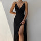 Women's floor-length maxi dress with spaghetti straps, V-neck, and high thigh slit