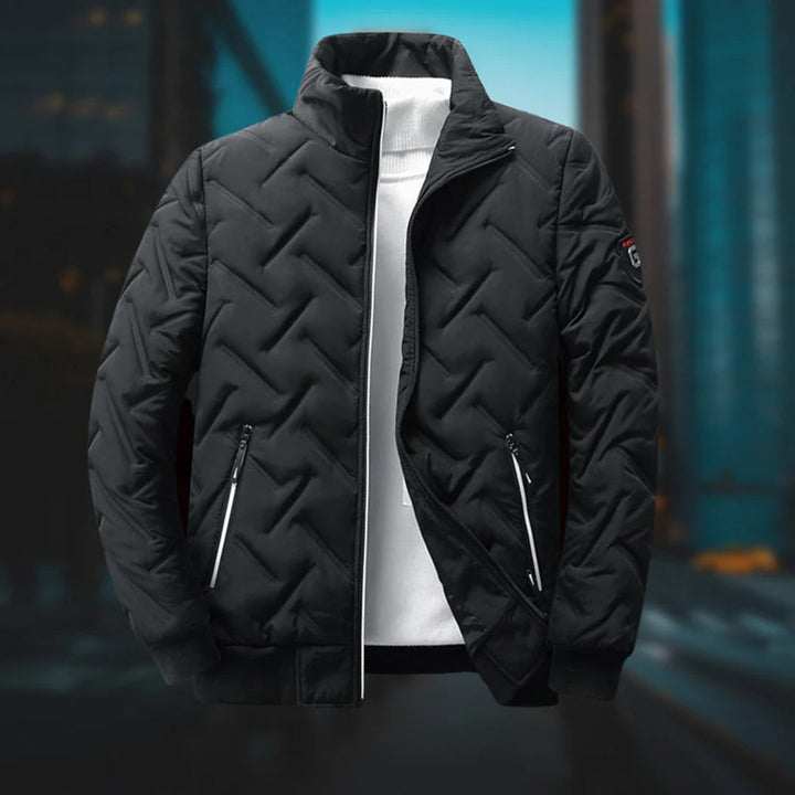 Men's quilted jacket with stand collar, geometric pattern and zipped pockets