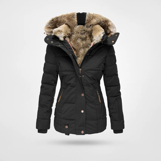 Women's hooded puffer jacket with faux fur trim and zipped pockets