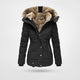Women's hooded puffer jacket with faux fur trim and zipped pockets