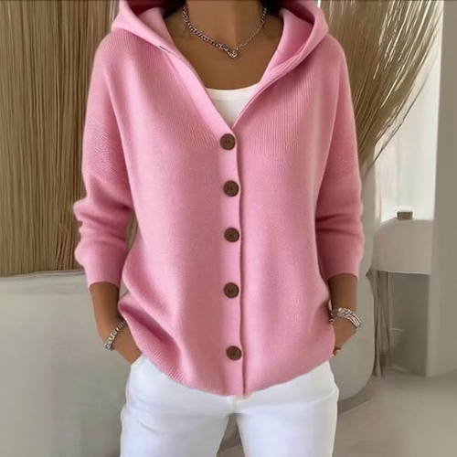 Women's hooded knit cardigan with button front, long sleeves and pockets
