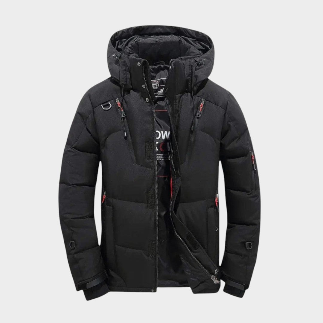 Men's hooded quilted jacket with zip front, long sleeves and multiple pockets