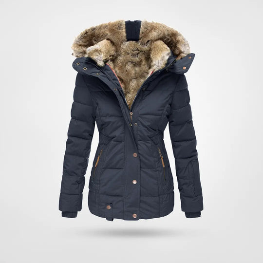 Women's hooded puffer jacket with faux fur trim and zipped pockets
