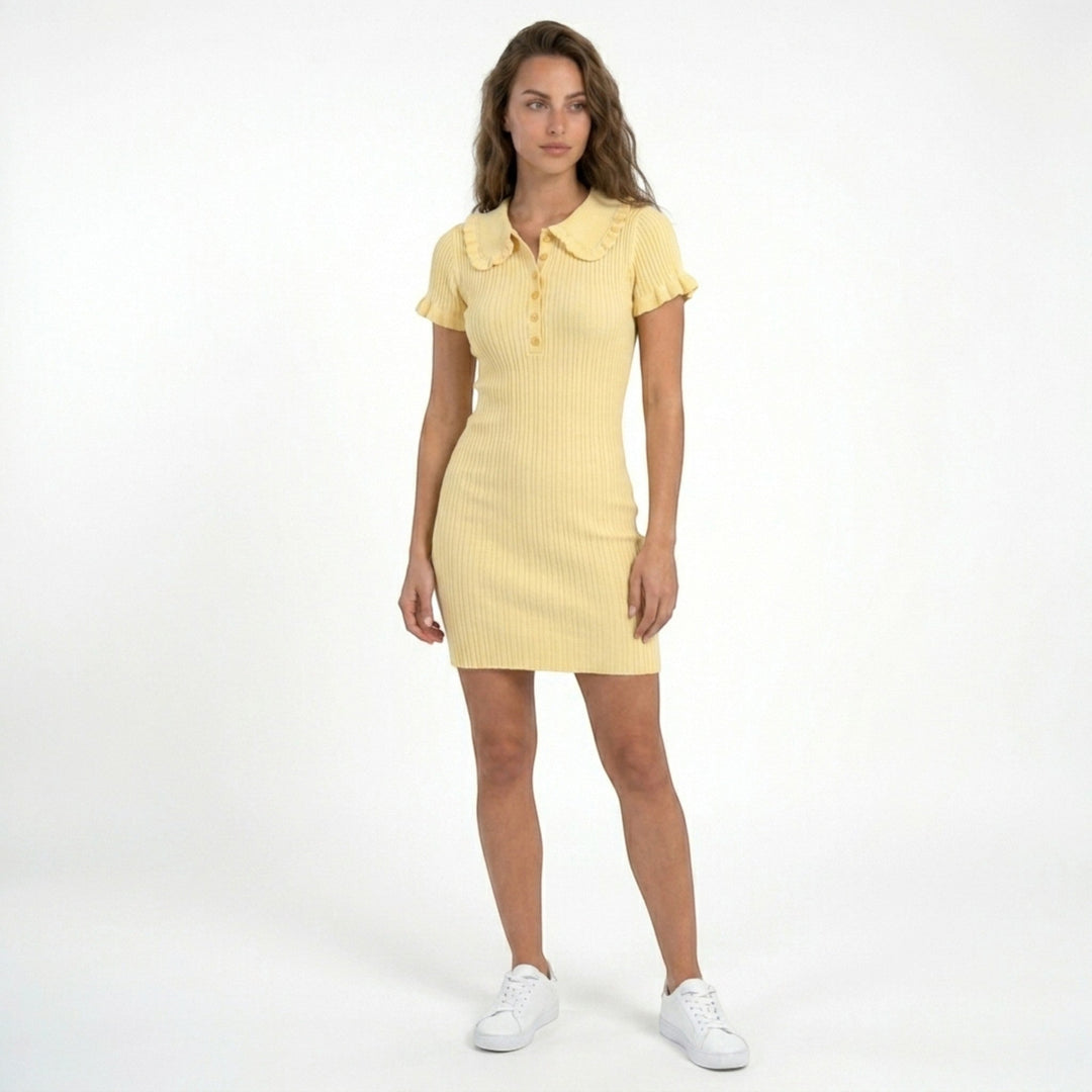 Women's ribbed mini dress with Peter Pan collar and short sleeves