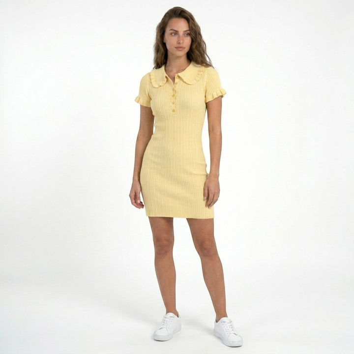 Women's ribbed mini dress with Peter Pan collar and short sleeves