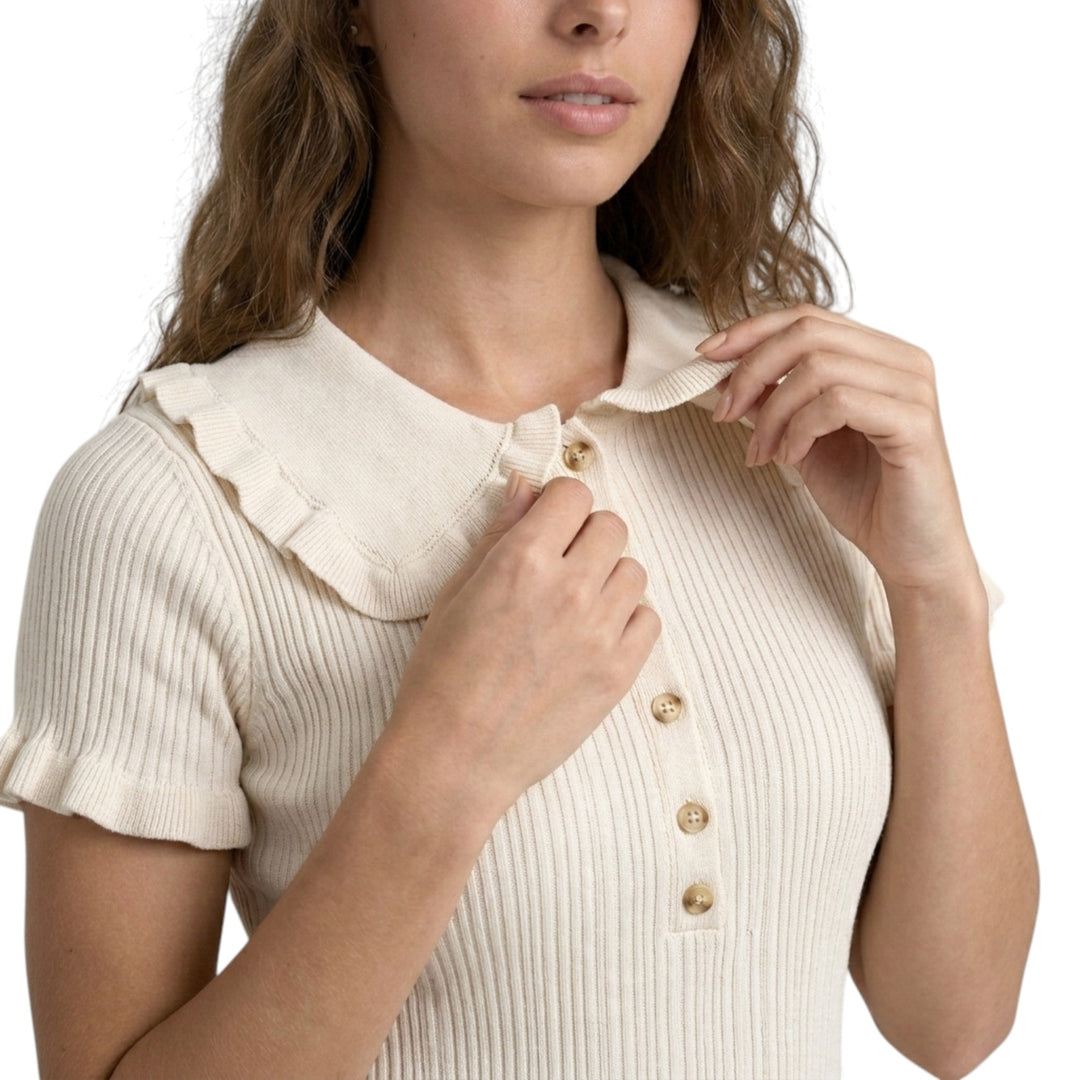 Women's ribbed mini dress with Peter Pan collar and short sleeves