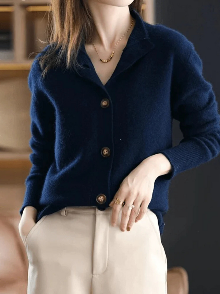 Women's long-sleeve button-front cardigan with ribbed cuffs and hem