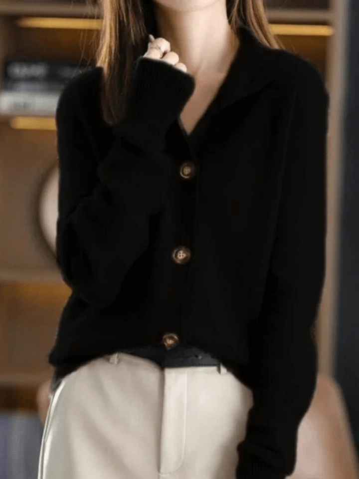 Women's long-sleeve button-front cardigan with ribbed cuffs and hem