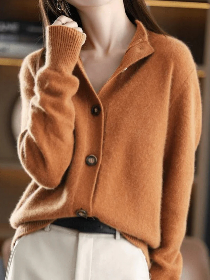 Women's long-sleeve button-front cardigan with ribbed cuffs and hem