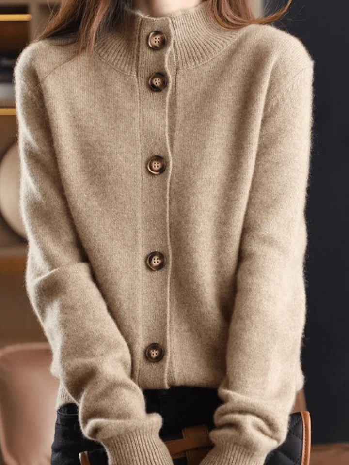Women's long-sleeve button-front cardigan with ribbed cuffs and hem