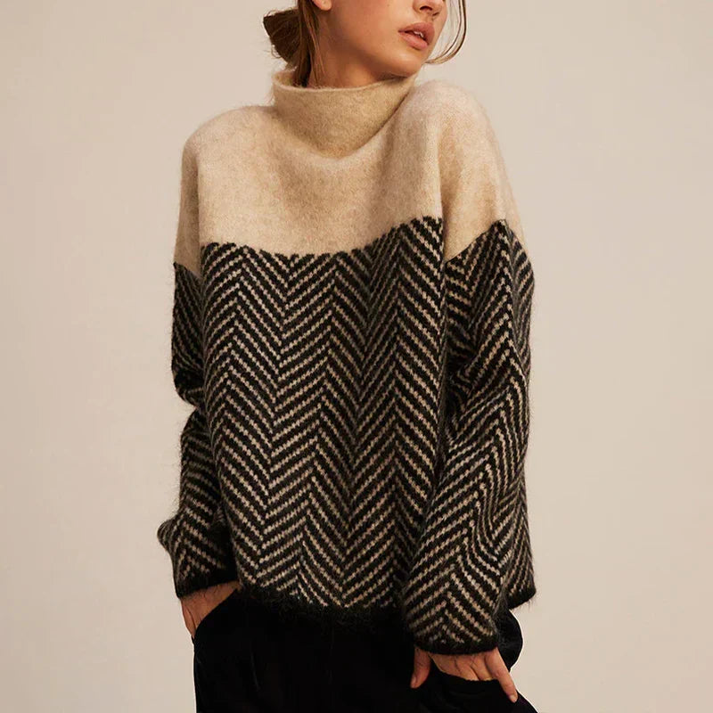 Women's long-sleeve turtleneck jumper with contrasting herringbone knit pattern