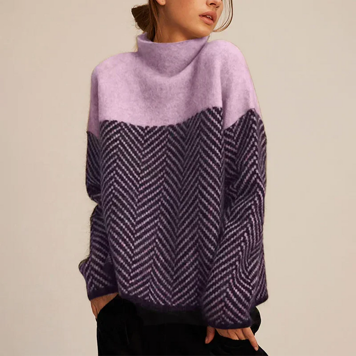 Women's long-sleeve turtleneck jumper with contrasting herringbone knit pattern