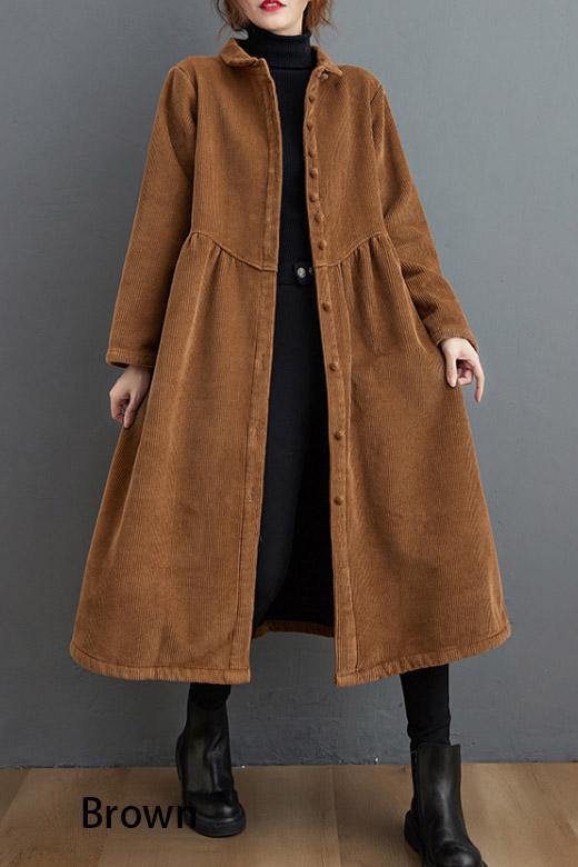 Women's long ribbed button-front coat with flared silhouette and side pockets