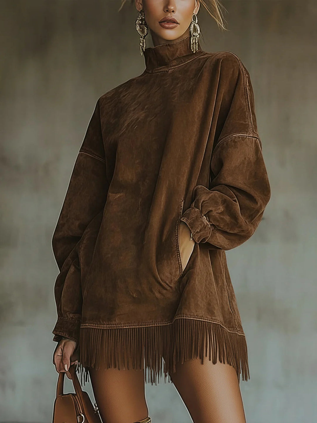 Women's long-sleeve turtleneck mini dress with fringe hem
