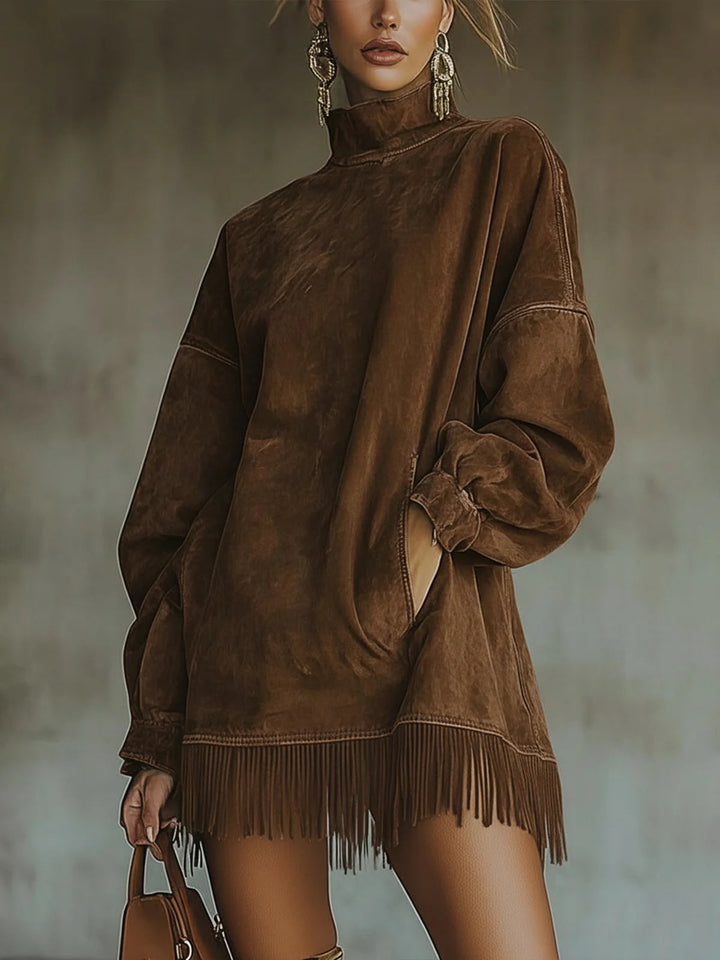 Women's long-sleeve turtleneck mini dress with fringe hem