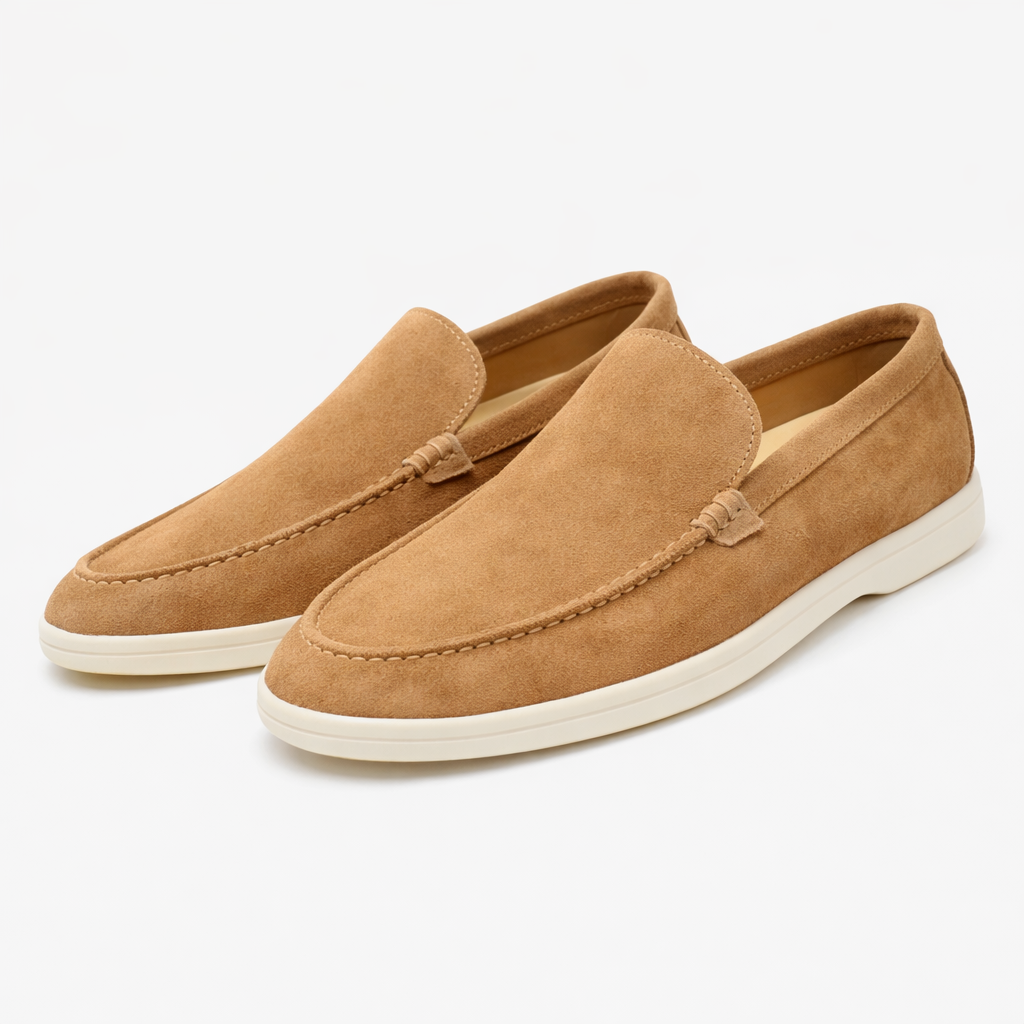 Men's burgundy Como loafer with cream sole and moccasin stitching, shown from the side