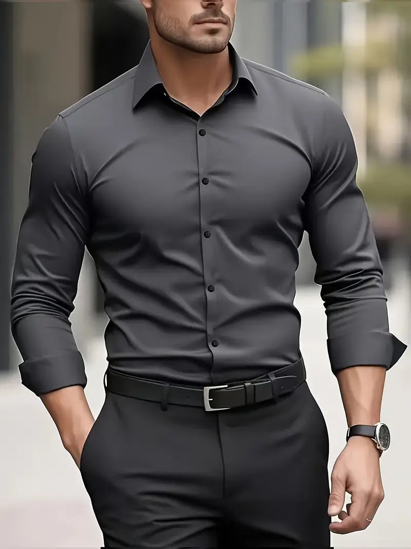 Men's slim fit long-sleeved button-up shirt with spread collar