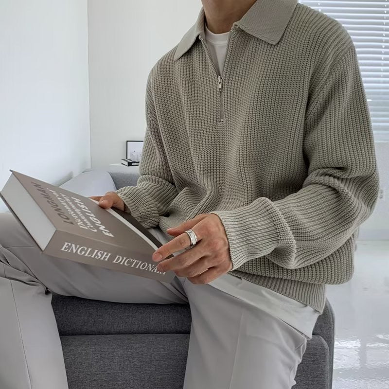 Men's ribbed quarter-zip collared sweater with long sleeves