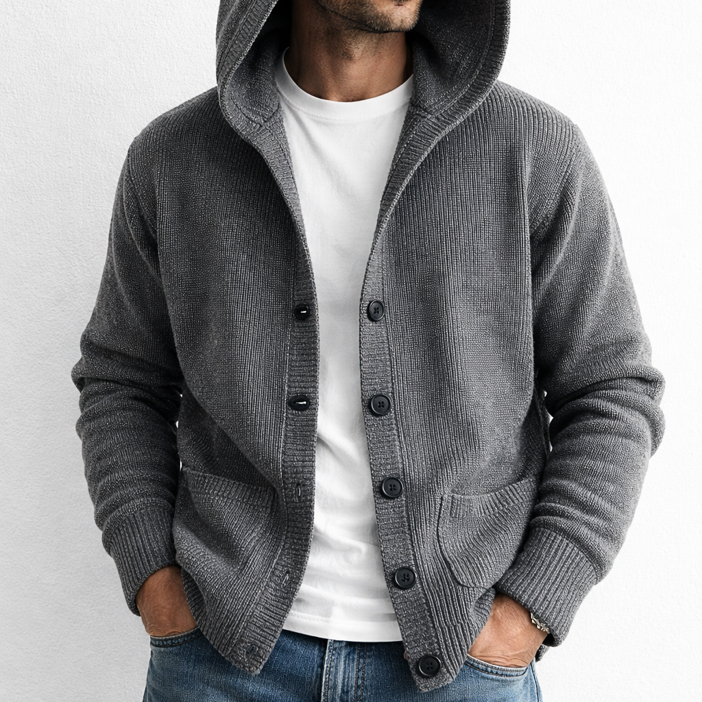 Hooded knit cardigan with button front and patch pockets