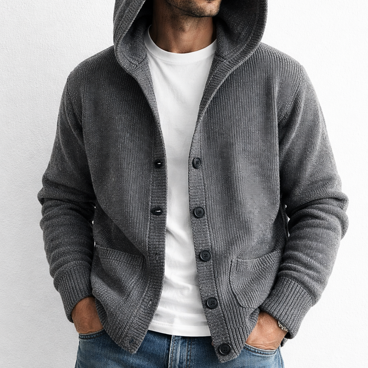 Hooded knit cardigan with button front and patch pockets