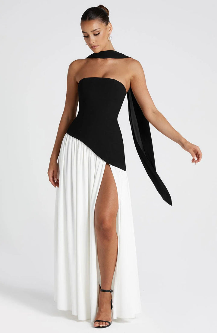 Women's strapless maxi dress with choker neckline and asymmetrical high slit