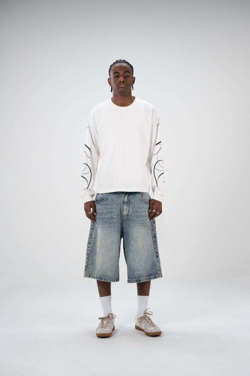 White men's crew-neck sweatshirt with black abstract graphics on the sleeves