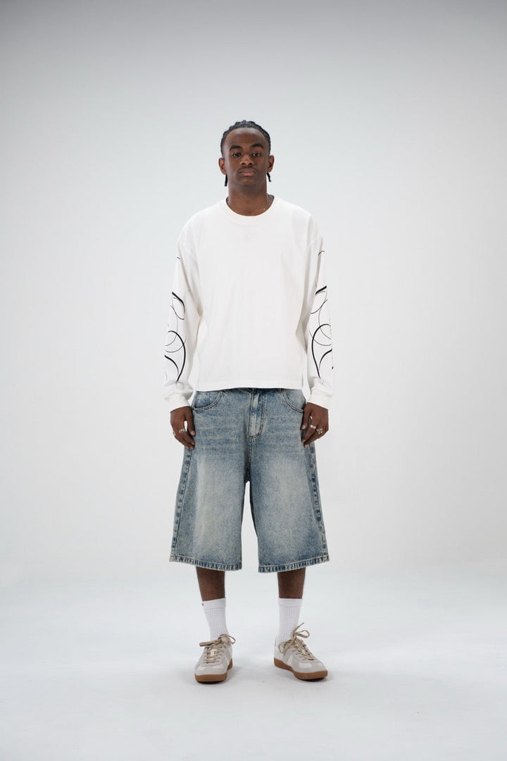 White men's crew-neck sweatshirt with black abstract graphics on the sleeves