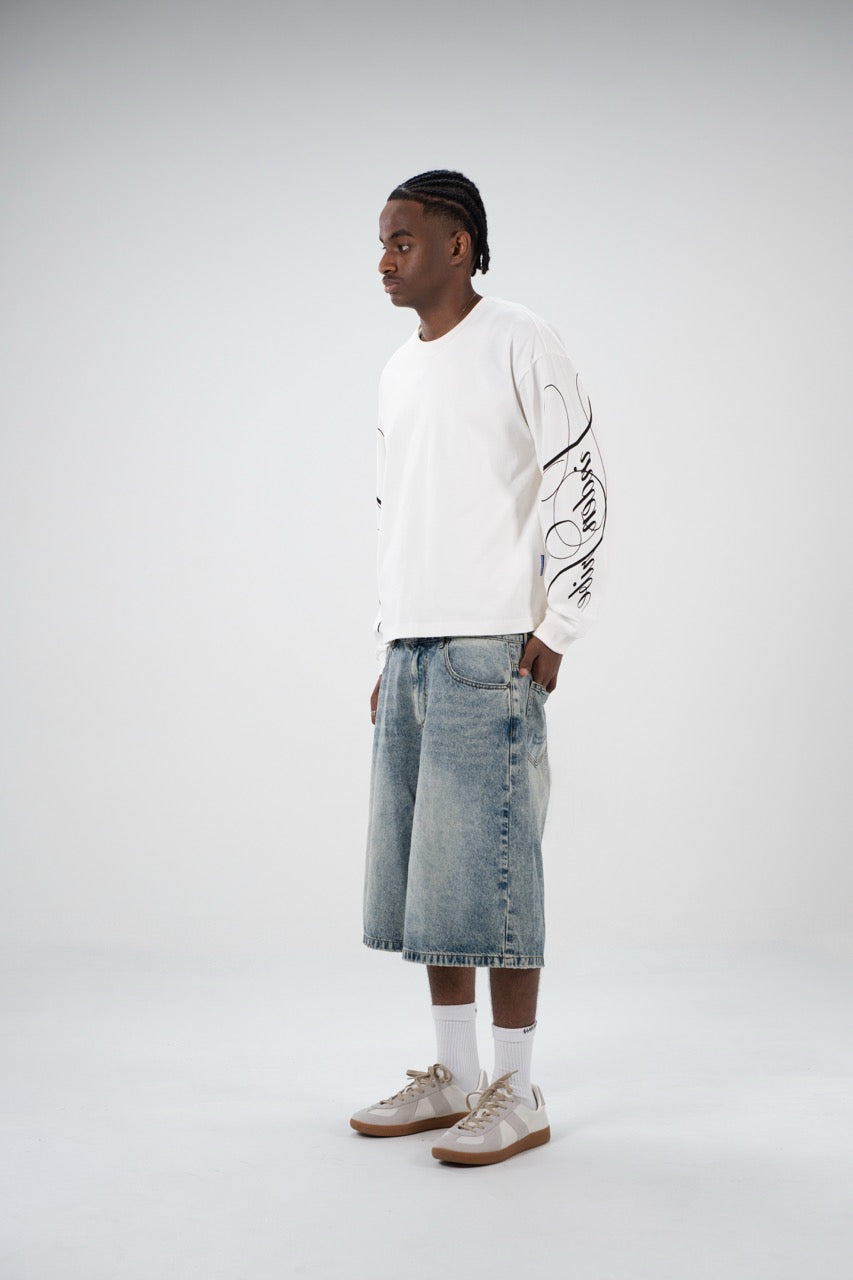 White men's crew-neck sweatshirt with black abstract graphics on the sleeves