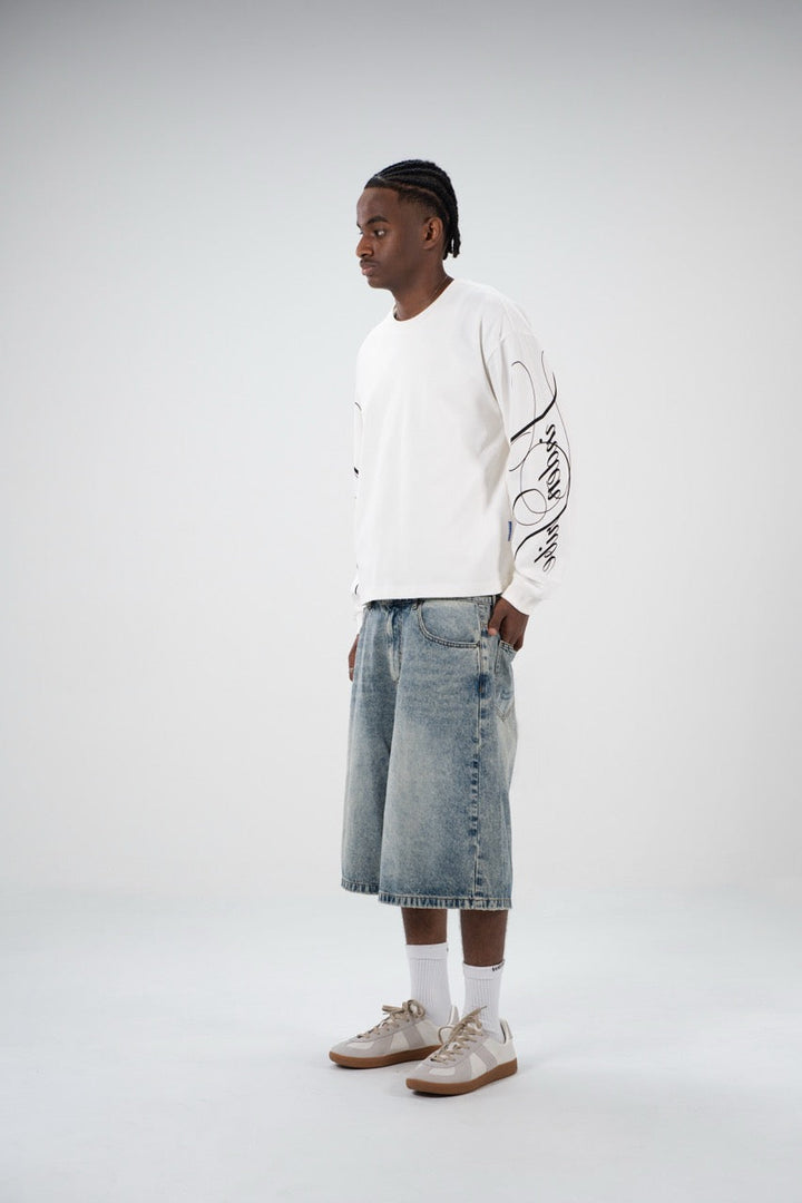 White men's crew-neck sweatshirt with black abstract graphics on the sleeves