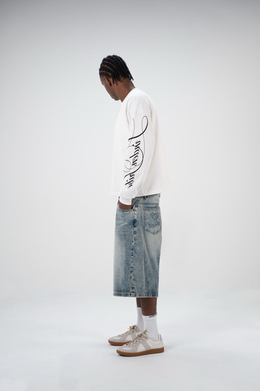 White men's crew-neck sweatshirt with black abstract graphics on the sleeves