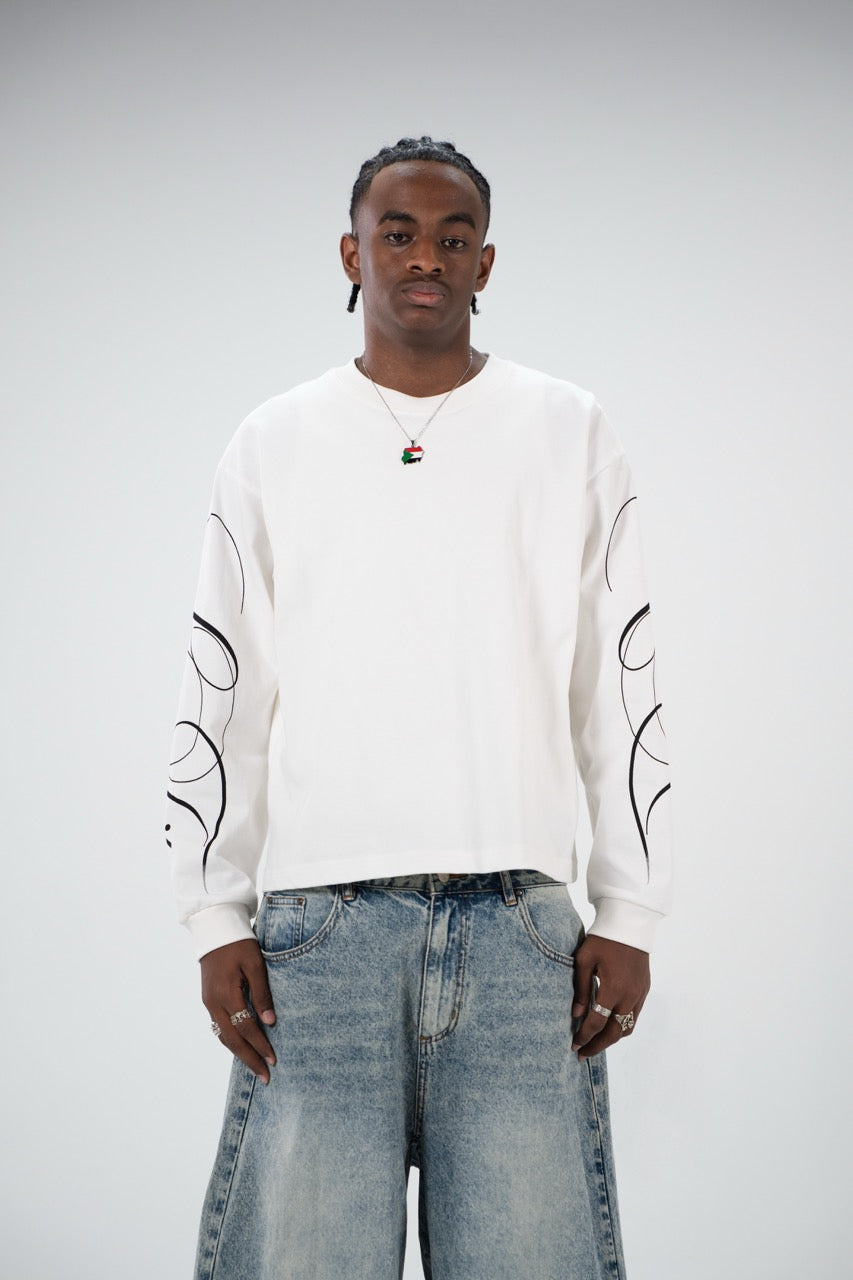 White men's crew-neck sweatshirt with black abstract graphics on the sleeves