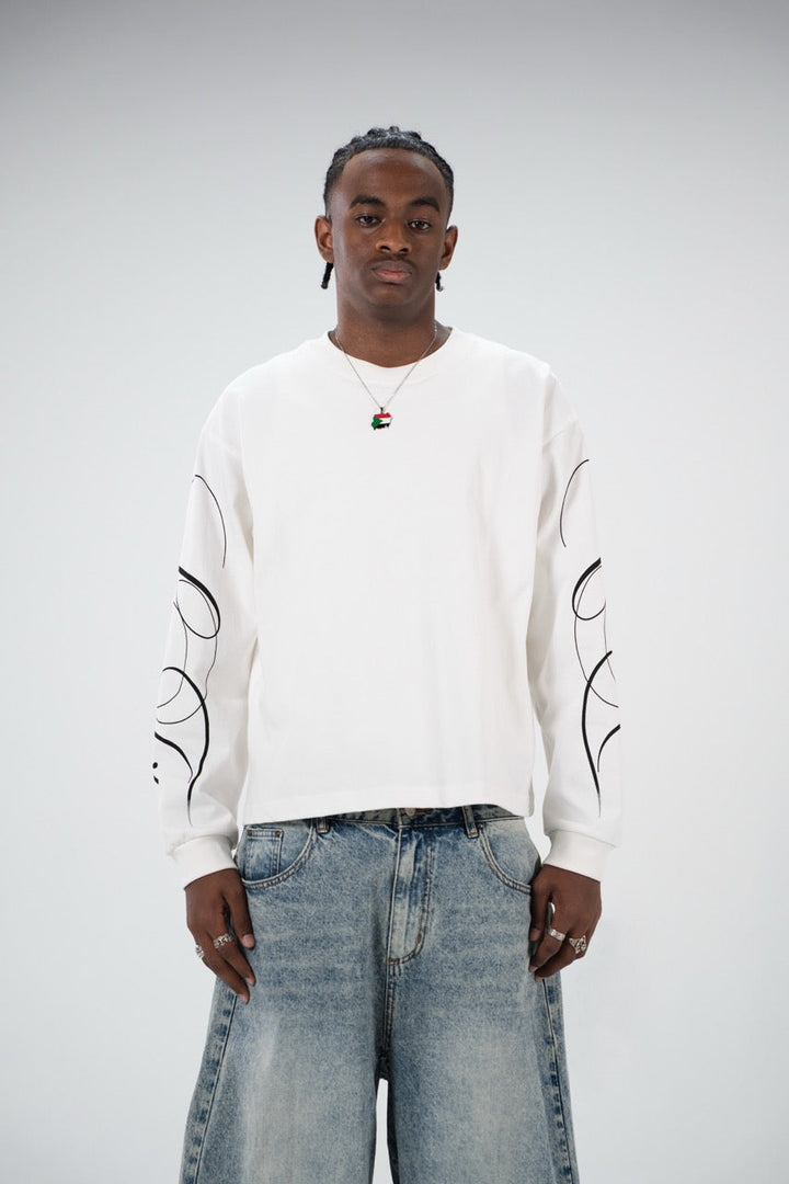 White men's crew-neck sweatshirt with black abstract graphics on the sleeves