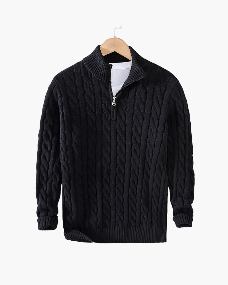 Men's cable knit quarter zip sweater with stand collar