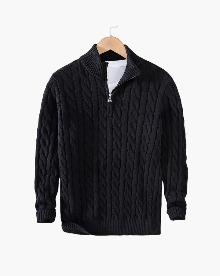 Men's cable knit quarter zip sweater with stand collar