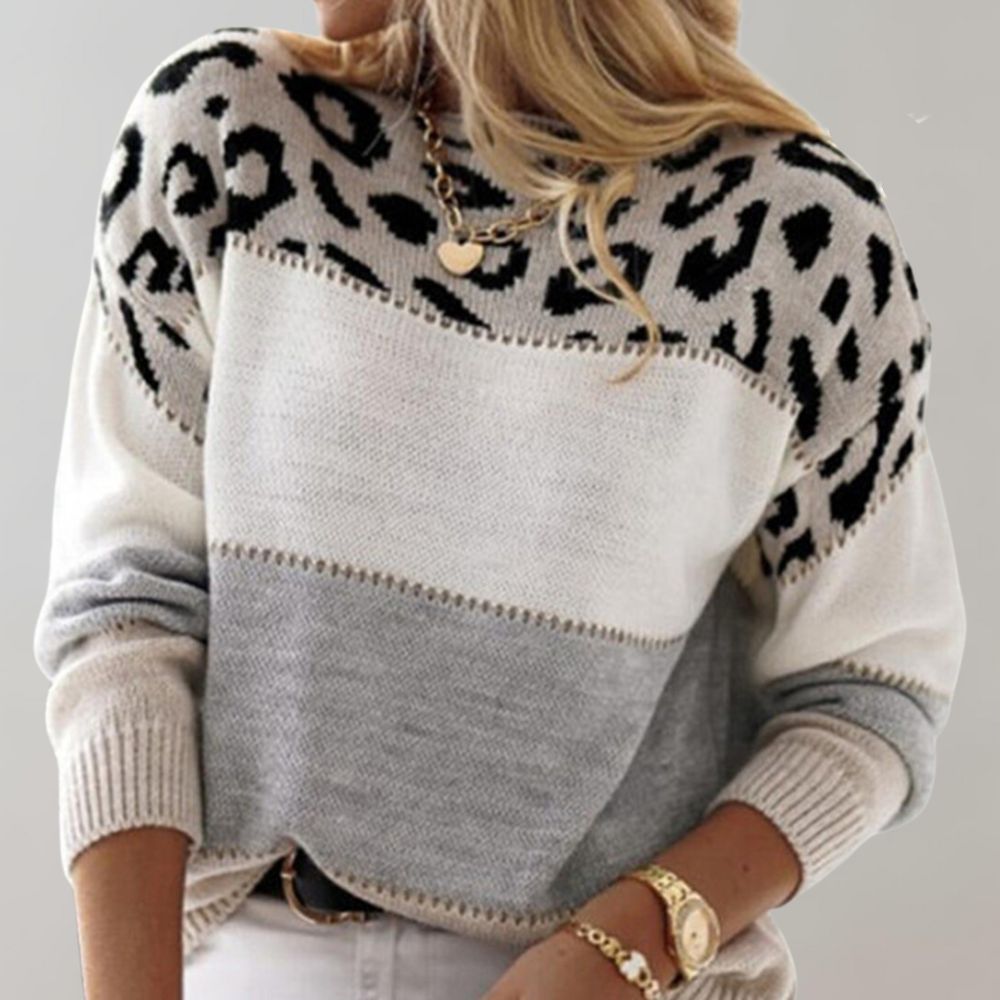 Women's colour block jumper with leopard print yoke and long sleeves