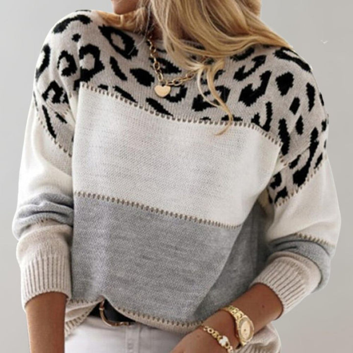 Women's colour block jumper with leopard print yoke and long sleeves