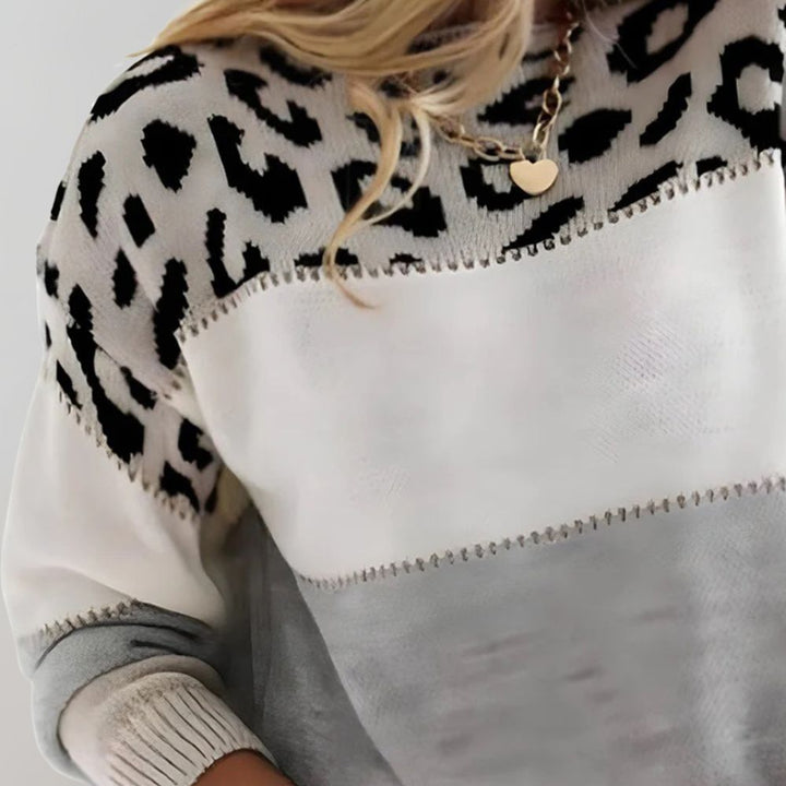 Women's colour block jumper with leopard print yoke and long sleeves