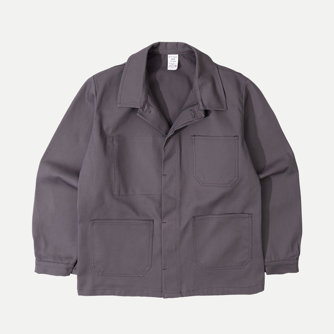 Grey men's work jacket with spread collar and four front pockets