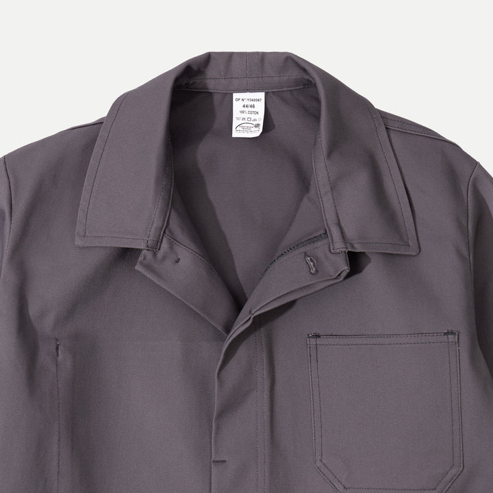 Grey men's work jacket with spread collar and four front pockets