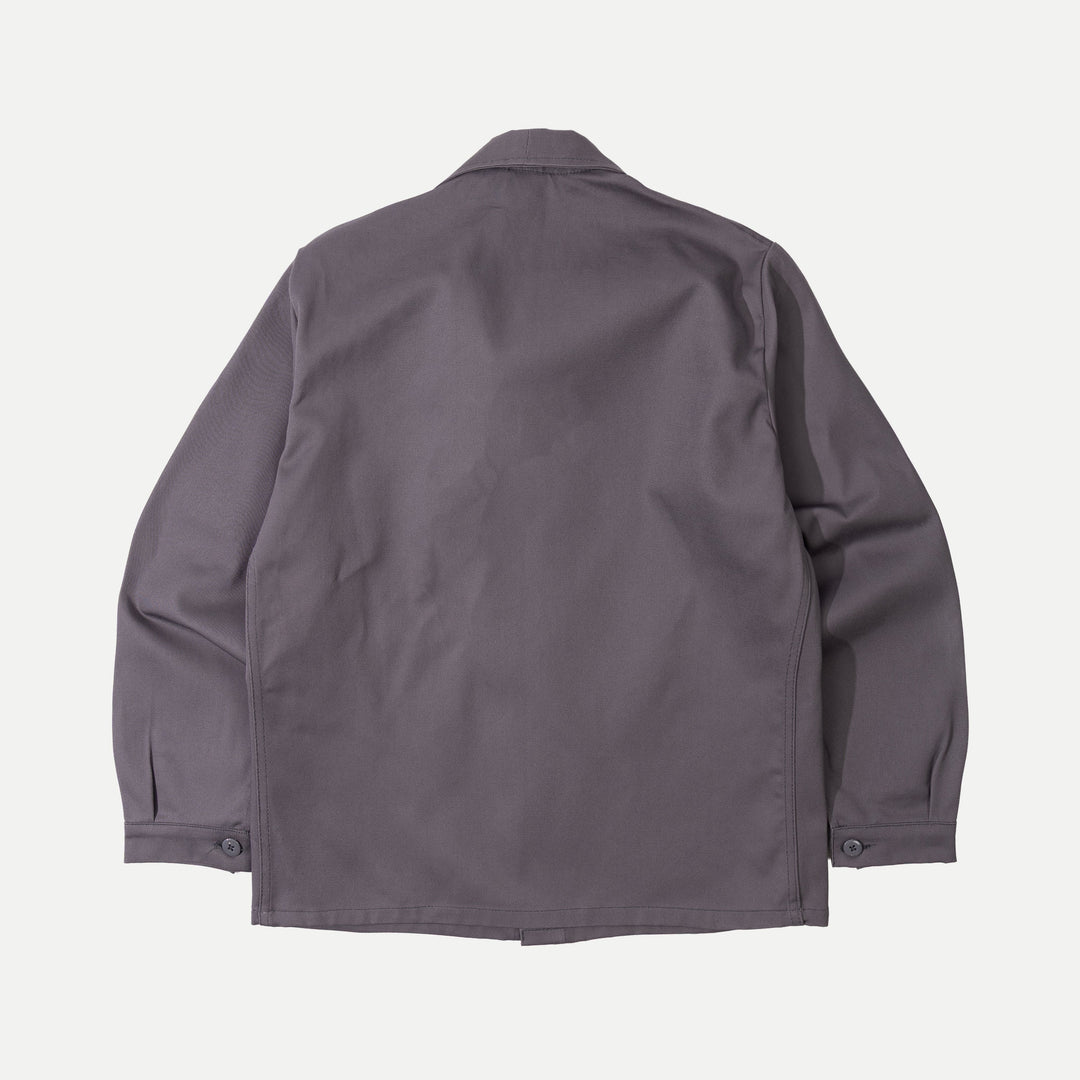 Grey men's work jacket with spread collar and four front pockets