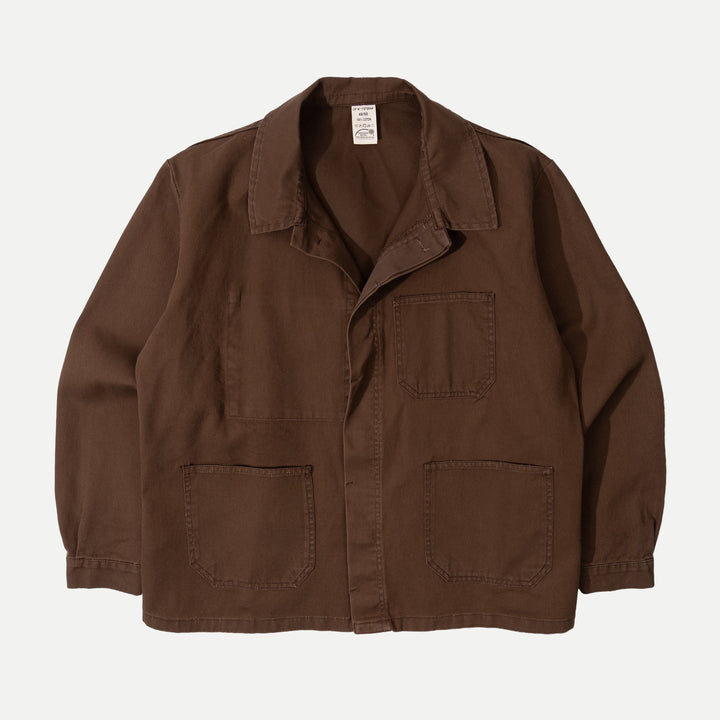 Men's brown utility jacket with button front and four patch pockets