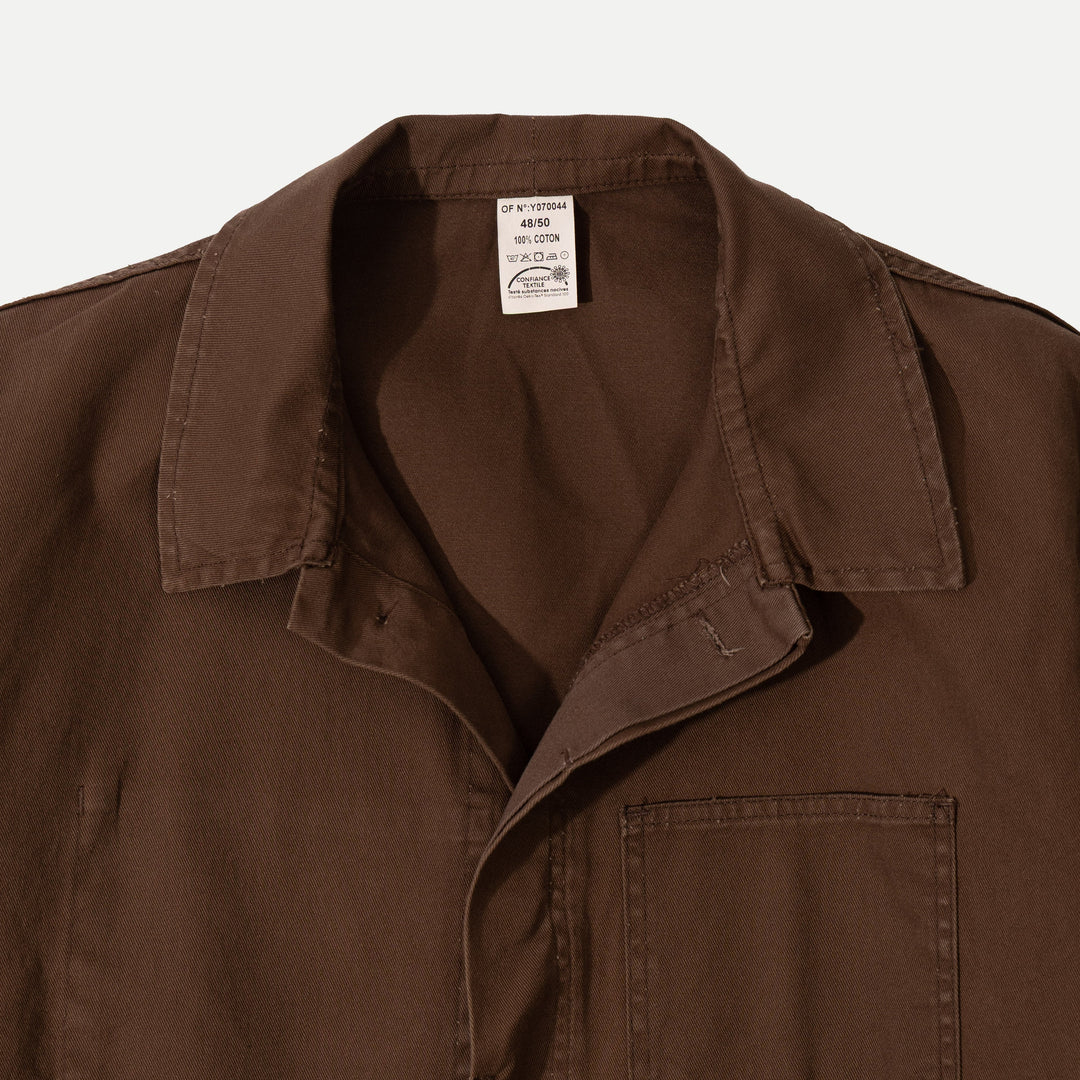Men's brown utility jacket with button front and four patch pockets