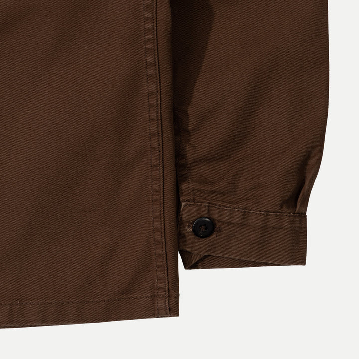Men's brown utility jacket with button front and four patch pockets